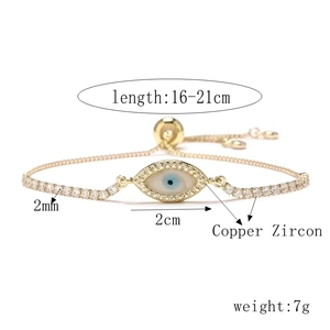 Detail of copper zircon evil eye bracelet showing 16-21cm adjustable length dimensions