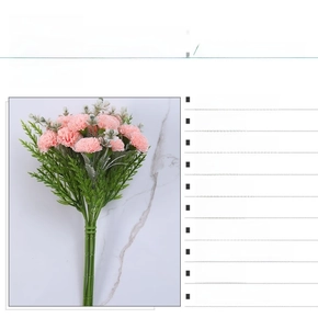 Detail view of pink artificial carnations with product specifications and leaves