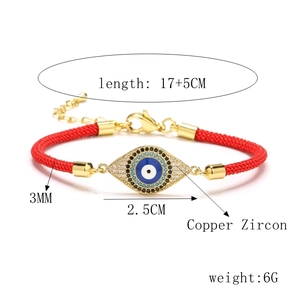 Detailed size parameters of adjustable red Milan rope evil eye bracelet with copper zircon