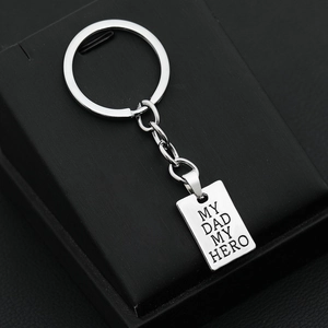 Polished silver My Dad My Hero keychain in a gift box for Father's Day jewelry gift