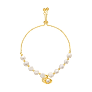 Bracelet œil de chat plaqué or avec perles d'eau douce et pendentif coquillage réglable