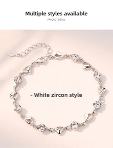 Detail of S925 sterling silver heart bracelet with white zircon and lobster clasp