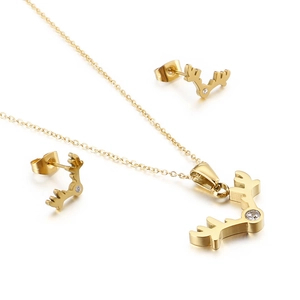 Elegant gold titanium reindeer antler necklace and earrings set with cubic zirconia