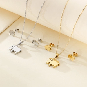 Cute Elephant Animal Stainless Steel Necklace And Earrings Jewelry Set Polished Metal Minimalist Fashion For Women Girls