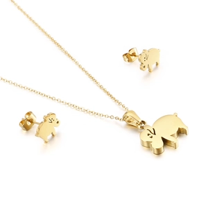 Minimalist golden elephant necklace and stud earring set with polished stainless steel finish