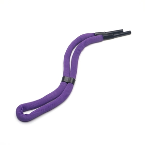 Detail of purple knitted floating sunglasses strap with black non-slip adjustable toggle