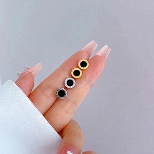 Minimalist titanium steel stud earrings with Roman numerals and black inlay in gold and silver