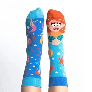Detail showing asymmetrical cartoon mermaid design on cotton mid-calf novelty sports socks