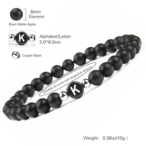6mm matte black agate beaded bracelet with custom silver letter charm for men and women
