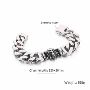 Macro detail of men's stainless steel wolf head Cuban chain bracelet with dimensions