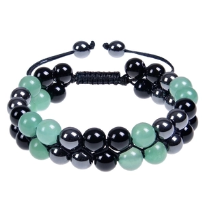 Double-layer adjustable aventurine and black hematite beaded bracelet with woven cord