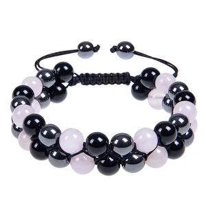 Double-layered 8mm pink quartz and obsidian beaded bracelet with adjustable woven cord