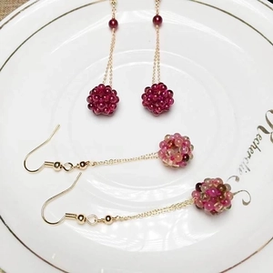 Original Design Hand Woven Crystal Ball Drop Earrings Natural Garnet Tourmaline 14K Gold Plated Ear Wire Long Chain Earrings