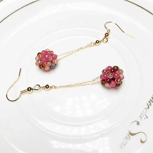 14K gold plated long ear threads with handmade pink purple crystal woven ball pendants