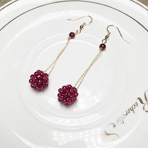 Elegant 14K gold plated threader earrings featuring wine red garnet bead spheres