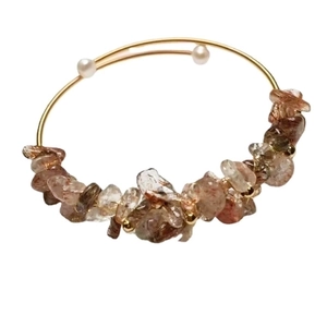 14K gold wire wrapped open bangle with natural crystal stones and freshwater pearls