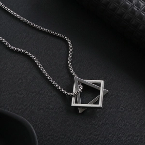 Hip hop style stainless steel necklace featuring geometric square and triangle pendants