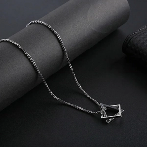 Minimalist silver-tone stainless steel necklace with interlocking triangle pendant for men