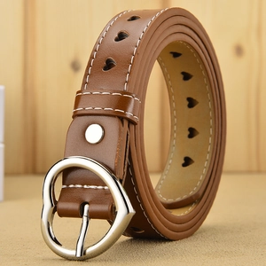 Brown leather heart belt for women with hollow heart holes and silver pin buckle