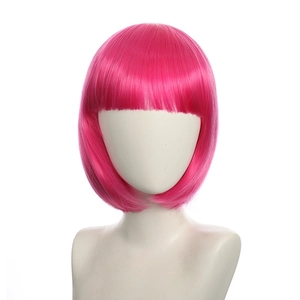 Detail of a pink short bob wig with bangs on a model for cosplay and fashion