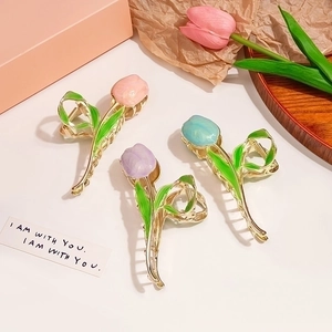Elegant tulip claw clips in pink purple and blue with gold finish floral hair jewelry