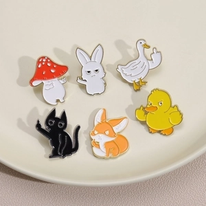 Funny enamel pins set featuring black cat, fox, and rabbit making middle finger gestures