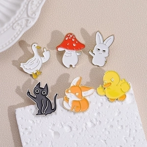Cute set of 6 funny animal enamel pins featuring middle finger cat and mushroom