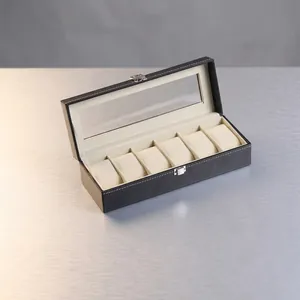 Uhrenbox aus schwarzem PU-Leder mit 6 Fächern, weißen Nähten und Sichtfenster aus Echtglas