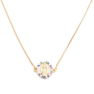 Copper box chain necklace with Virgin Mary pendant and colorful zircon micro-inlay