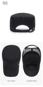 Detail view of the breathable mesh panels and adjustable metal buckle on back of black flat top cap