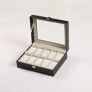 Klassische Uhrenbox aus schwarzem PU-Leder für 10 Uhren mit Sichtfenster und Metallschloss