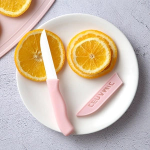 Pink ceramic fruit knife set with protective cover and matching cutting board set