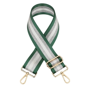 Detail of adjustable green and silver sequin strap with gold-plated metal lobster clasps