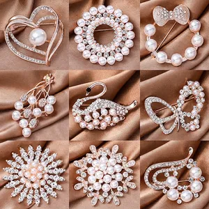 Elegant Alloy Brooch Pin With Faux Artificial Pearl And Rhinestone Flower Heart Animal Shapes For Women Coat Decoration