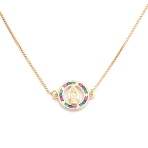 Gold Virgin Mary medallion necklace with colorful zircon stones and box chain