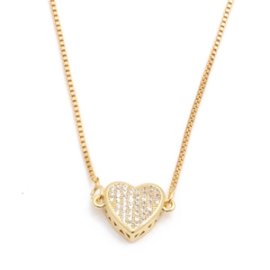 Gold-plated copper necklace with heart-shaped pendant and clear cubic zirconia micro-inlay