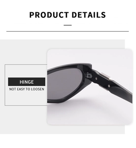 Detail of durable metal hinge on black polygon sunglasses frame for women
