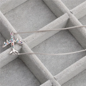 Silver copper airplane pendant necklace with colorful micro-inlaid cubic zirconia