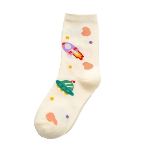 Space-themed mid-calf cotton socks with purple rocket and green UFO prints on beige base