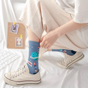 Blue cotton mid-calf socks with cartoon space rocket and planet patterns for casual wear