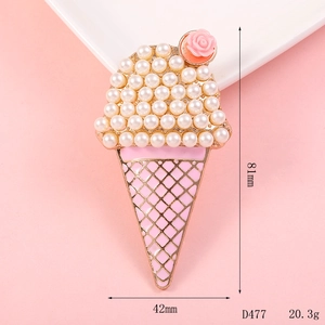 Detail view of pink ice cream brooch with pearls and rose showing 81mm height dimensions