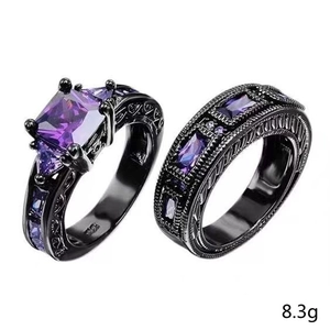 Vintage black gold plated ring set with large square purple zircon and matching band