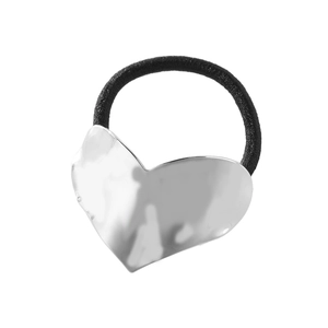 Black elastic hair tie featuring a polished silver heart charm with hammer-textured finish