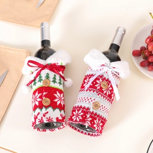 Knitted Christmas wine bottle covers with reindeer snow pattern and fur collar decor