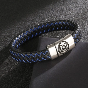 Men's braided leather anchor bracelet with blue stitching and magnetic steel clasp