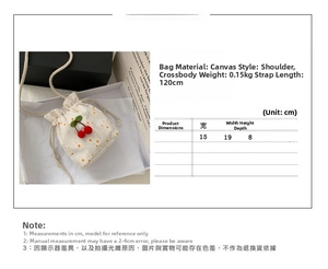 Detailed size specifications of the canvas bucket bag showing 15x19x8cm dimensions