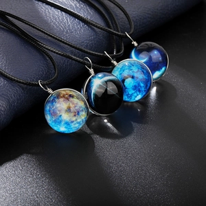 Glowing universe galaxy glass ball pendant necklace for women starry night jewelry gift