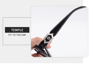 Detail of black frame temples with silver metal trim, rhinestones and reinforced rivets