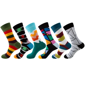 Set of 6 colorful geometric and striped patterned cotton crew socks for men and women