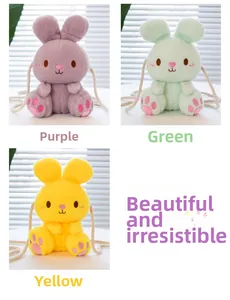 Detailed view of plush bunny crossbody bags in purple, green, and yellow soft faux fur